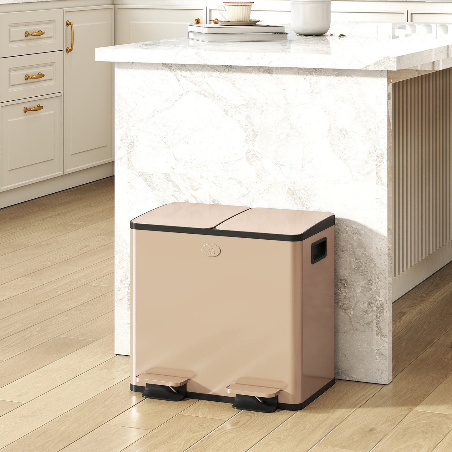2 x 15L Dual Kitchen Bin Pedal Bin for Recycling and Waste, Gold Tone