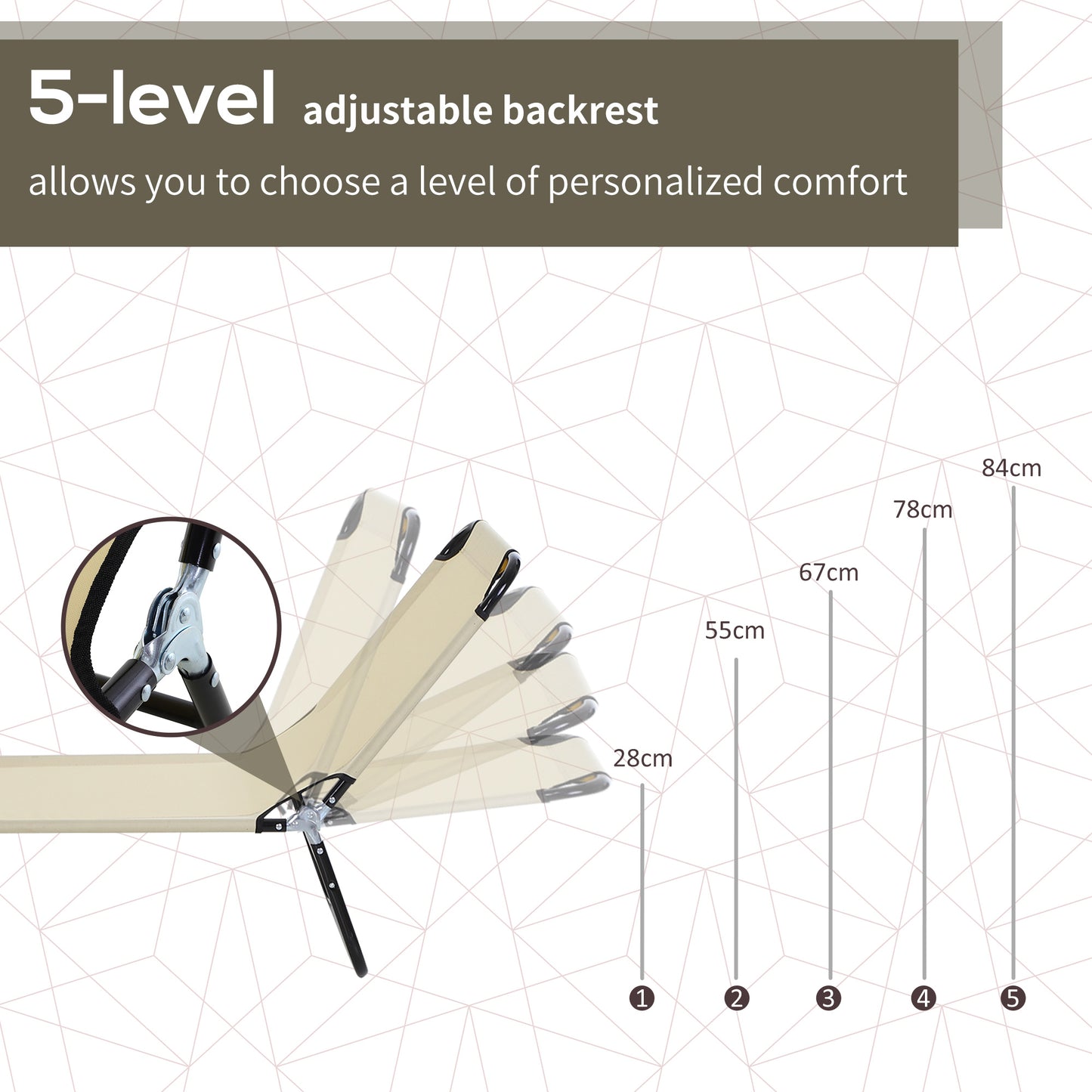 Portable Folding Sun Lounger With 5-Position Adjustable Backrest Relaxer Recliner with Lightweight Frame Great for Pool or Sun Bathing Beige