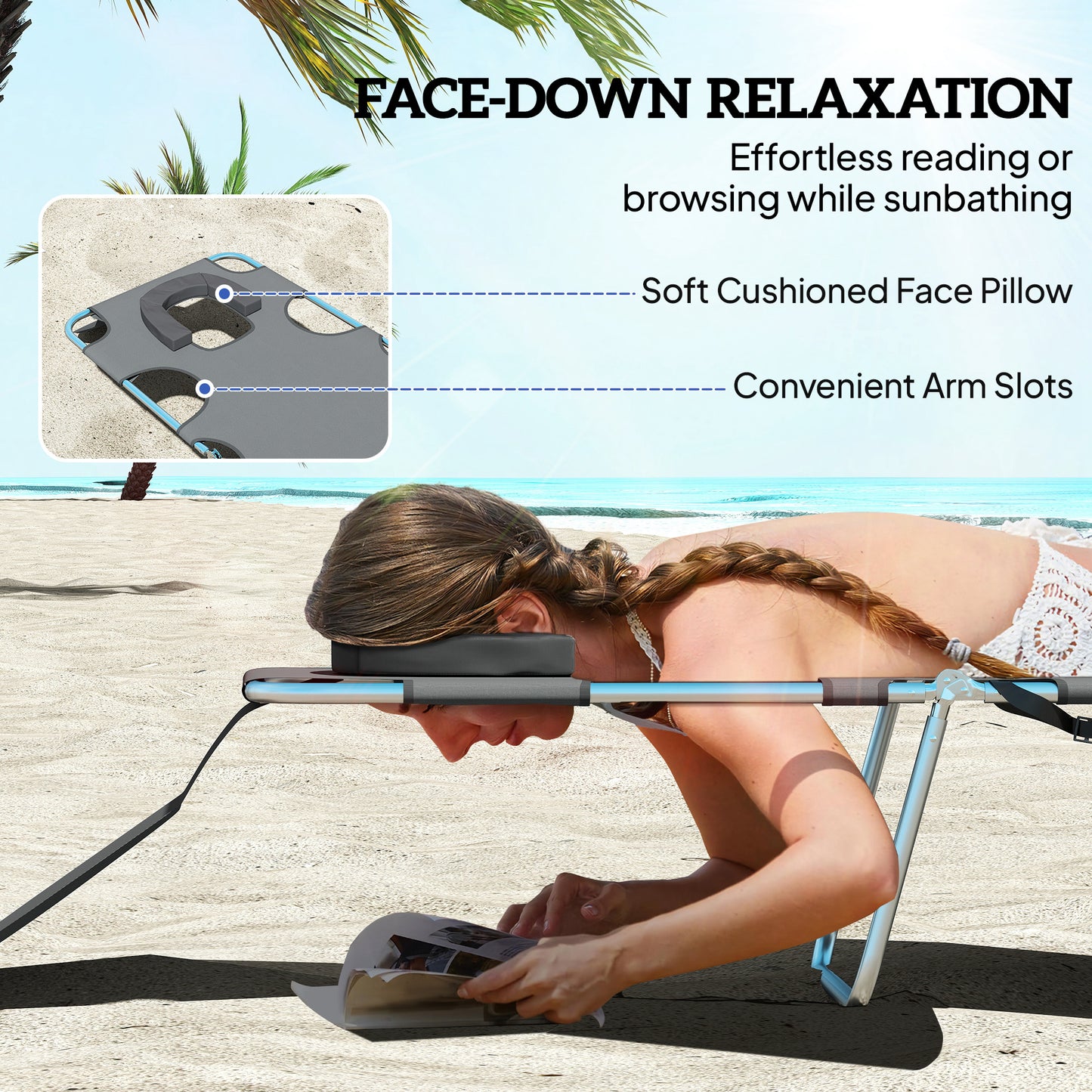 2 Sun Loungers with Reading Hole, Folding Garden Lounger, Dark Grey