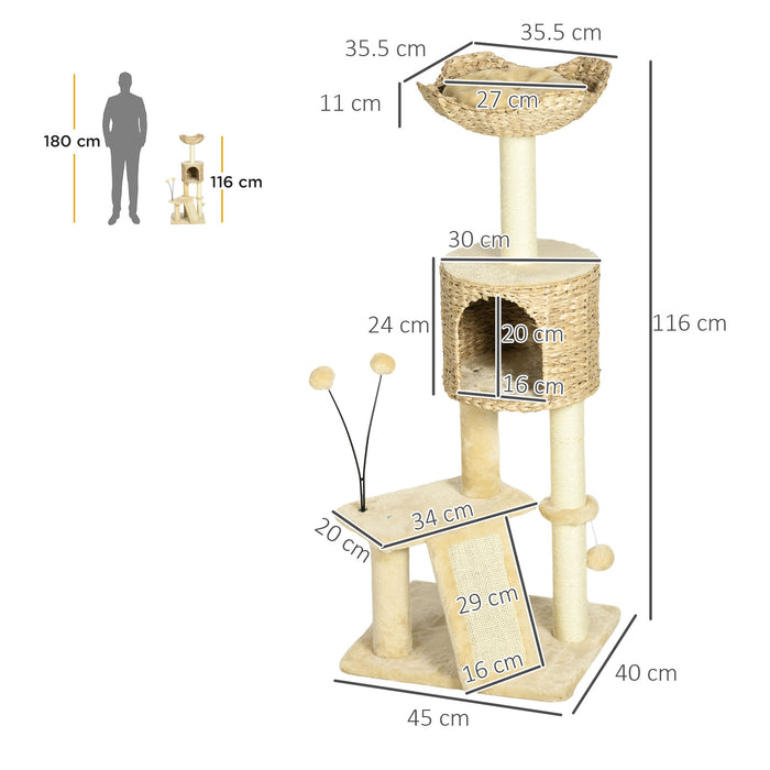 Cat Tree Tower with Scratching Post, Cat House, Bed, Toy Ball, Platform - Beige