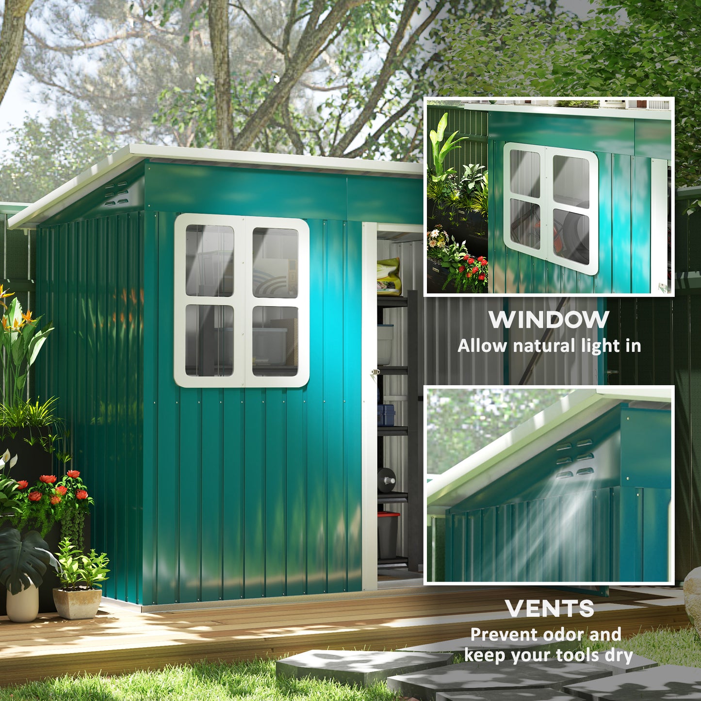 7 x 4ft Galvanised Steel Garden Shed with Foundation Kit, Green