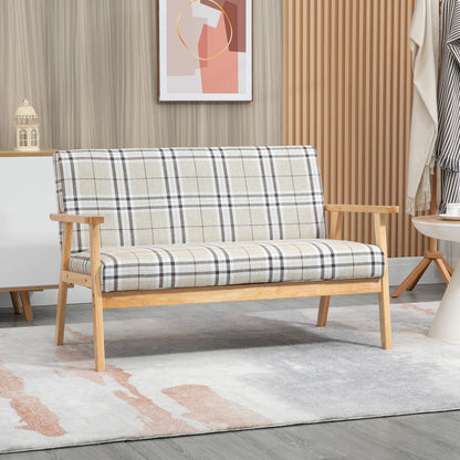 Two Seater Sofa with Rubber Wood Frame Linen Fabric Small Couch Beige