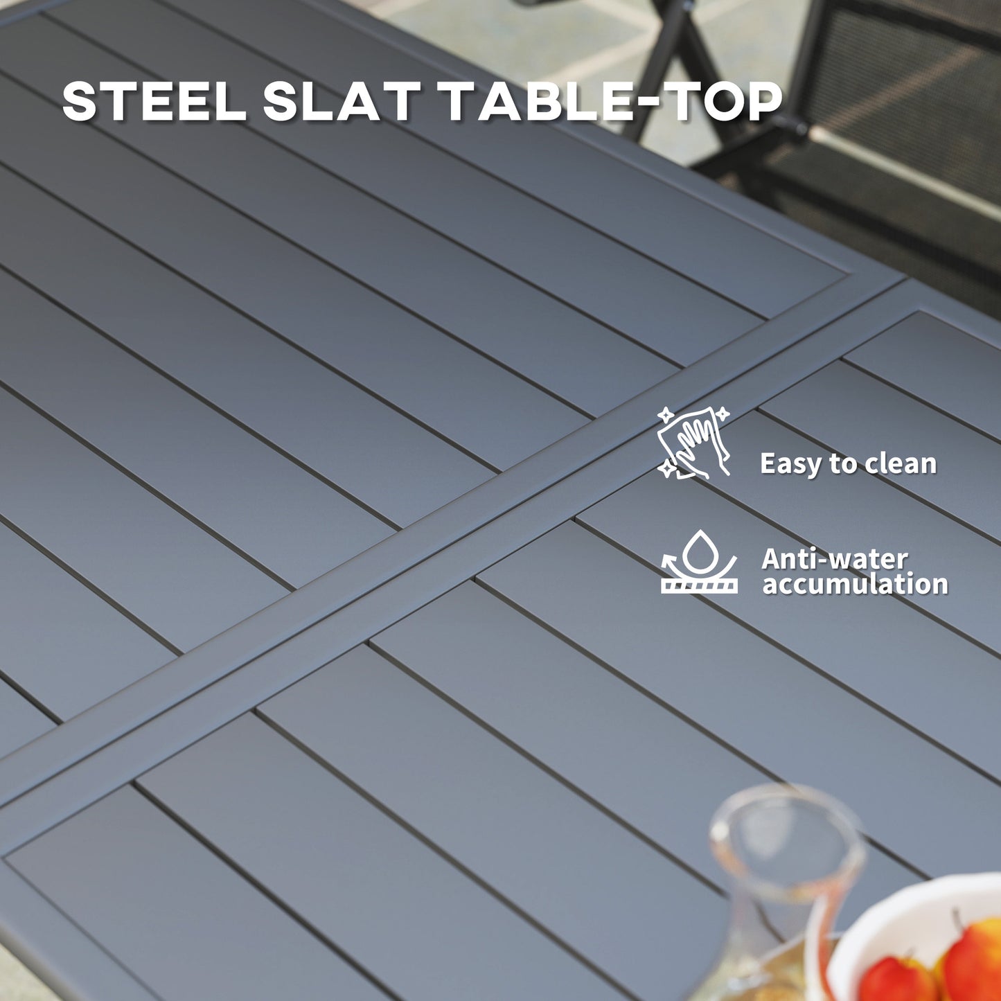 Garden Table for 6 Person with Slat Top, Steel Frame, Grey