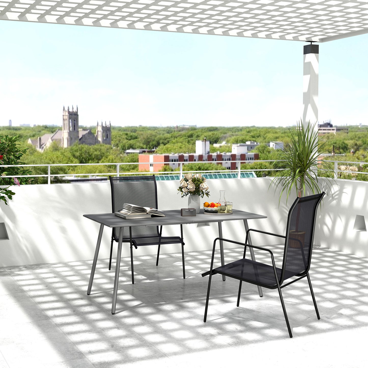 Garden Table for 6 Person with Slat Top, Steel Frame, Grey