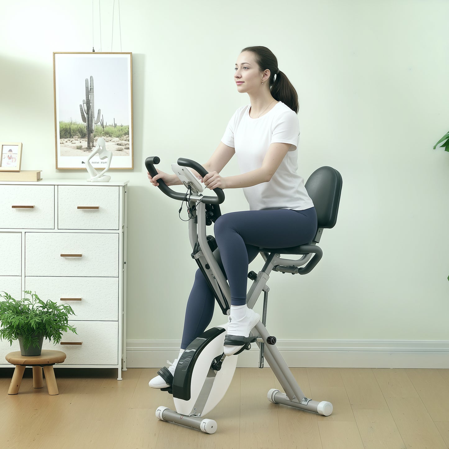 Folding Exercise Bike with Arm Bands and Hand Pulse Sensor, White