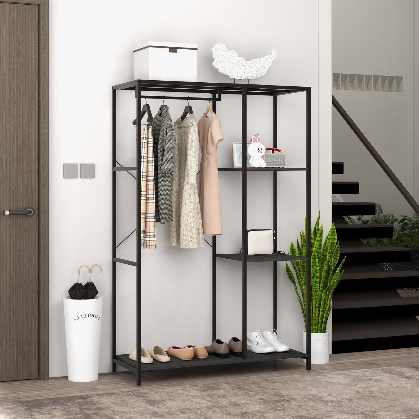 Coat Rack Stand with Hanging Rail and Storage Shelves for Hallway Black