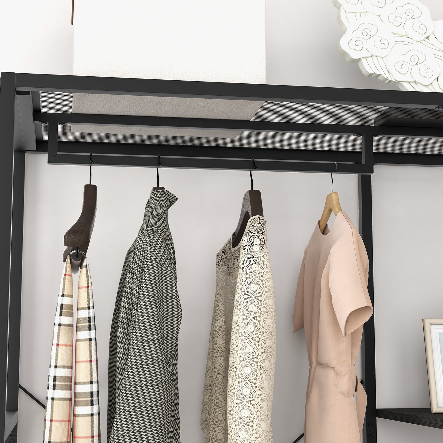 Coat Rack Stand with Hanging Rail and Storage Shelves for Hallway Black