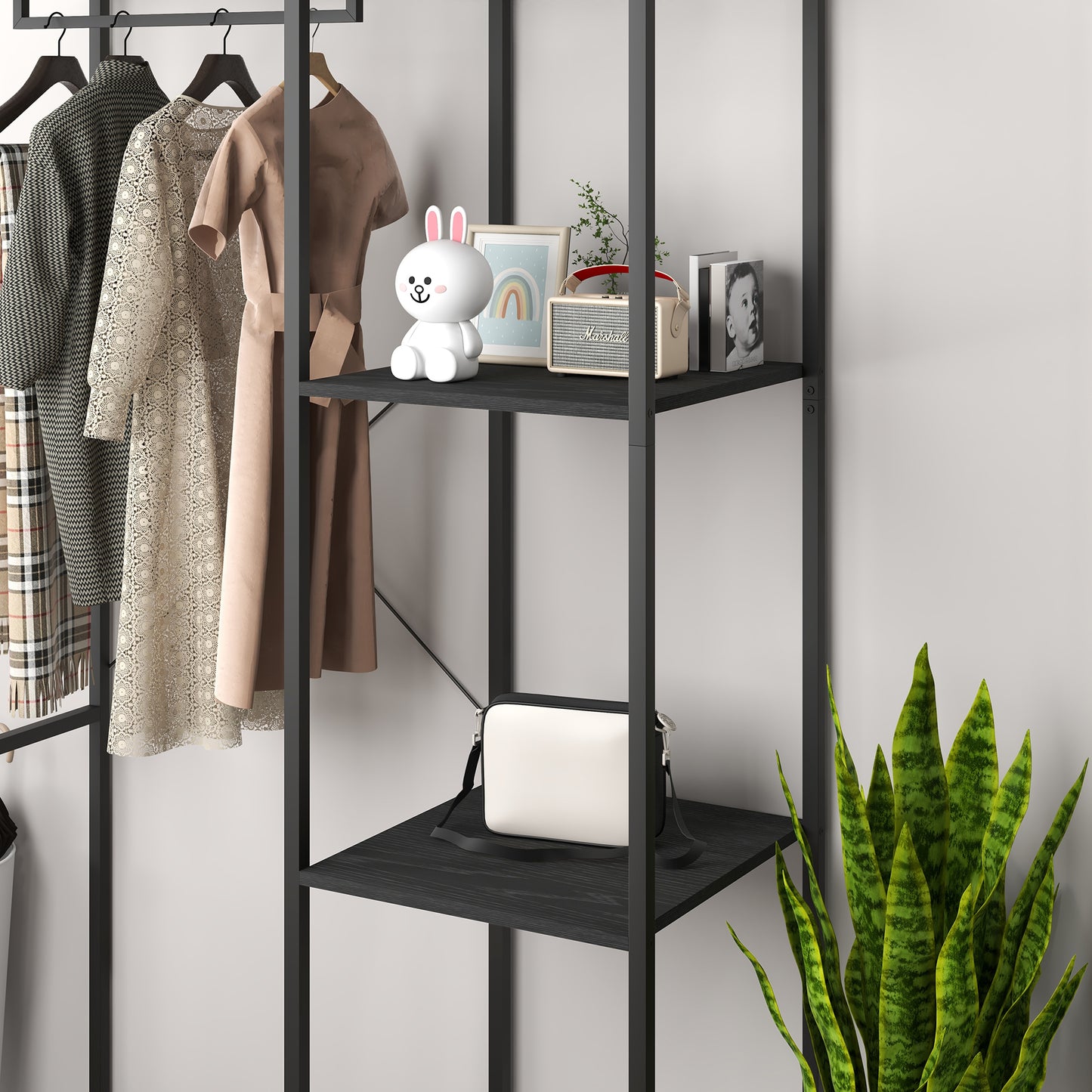 Coat Rack Stand with Hanging Rail and Storage Shelves for Hallway Black
