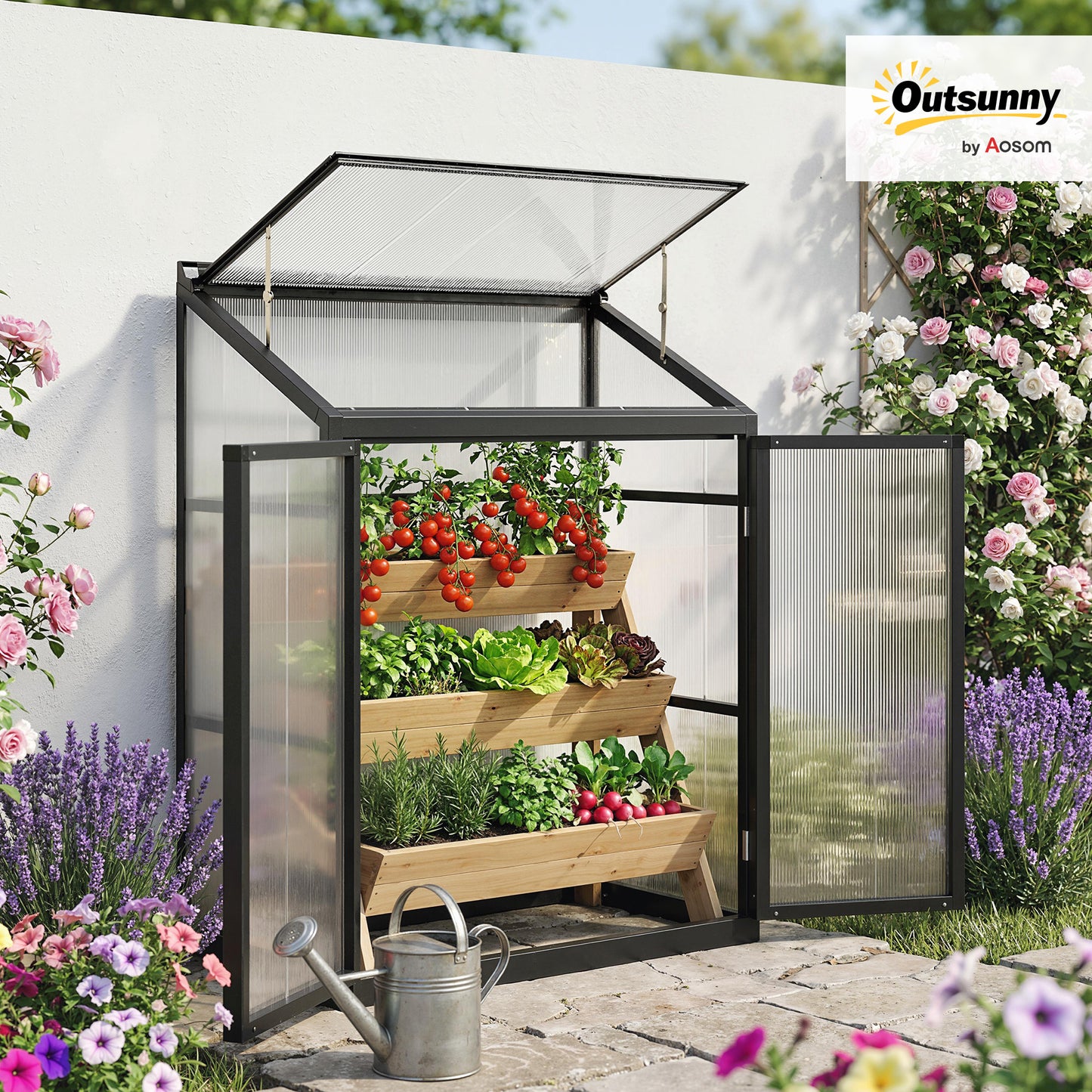 4 x 2ft Polycarbonate Greenhouse with Hinged Door, Top Vent, Lean-to Green House, Aluminium Walk-in Greenhouse for Patio Garden, Black