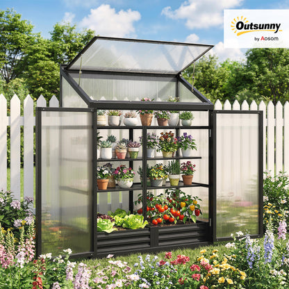 4 x 2ft Polycarbonate Greenhouse with Hinged Door, Top Vent, Lean-to Green House, Aluminium Walk-in Greenhouse for Patio Garden, Black