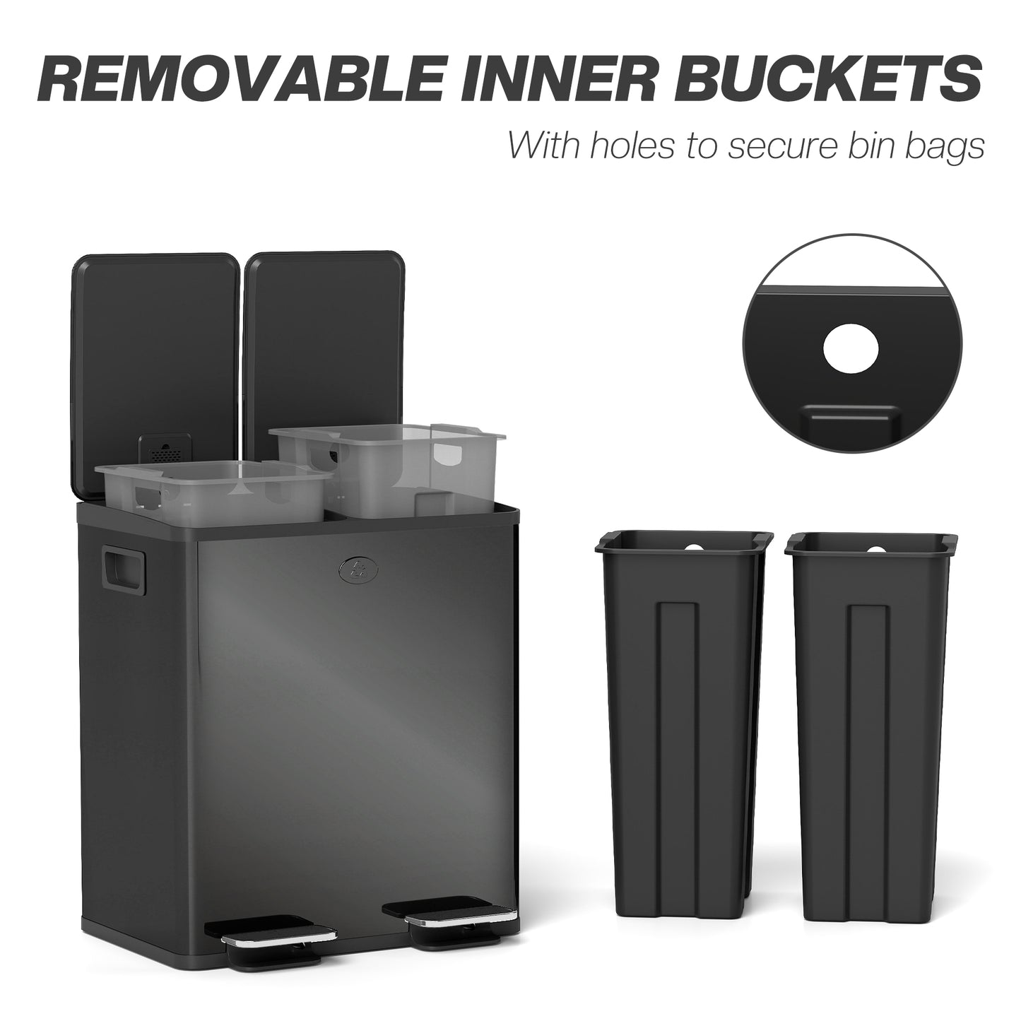 2 x 20L Dual Kitchen Bin Pedal Bin for Recycling and Waste, Black