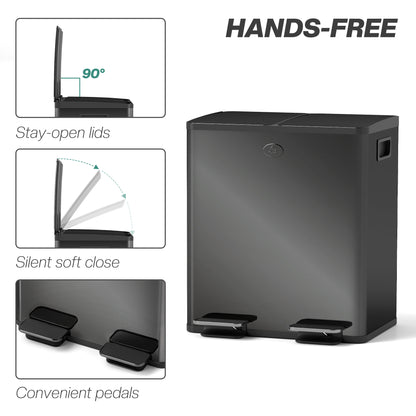 2 x 20L Dual Kitchen Bin Pedal Bin for Recycling and Waste, Black