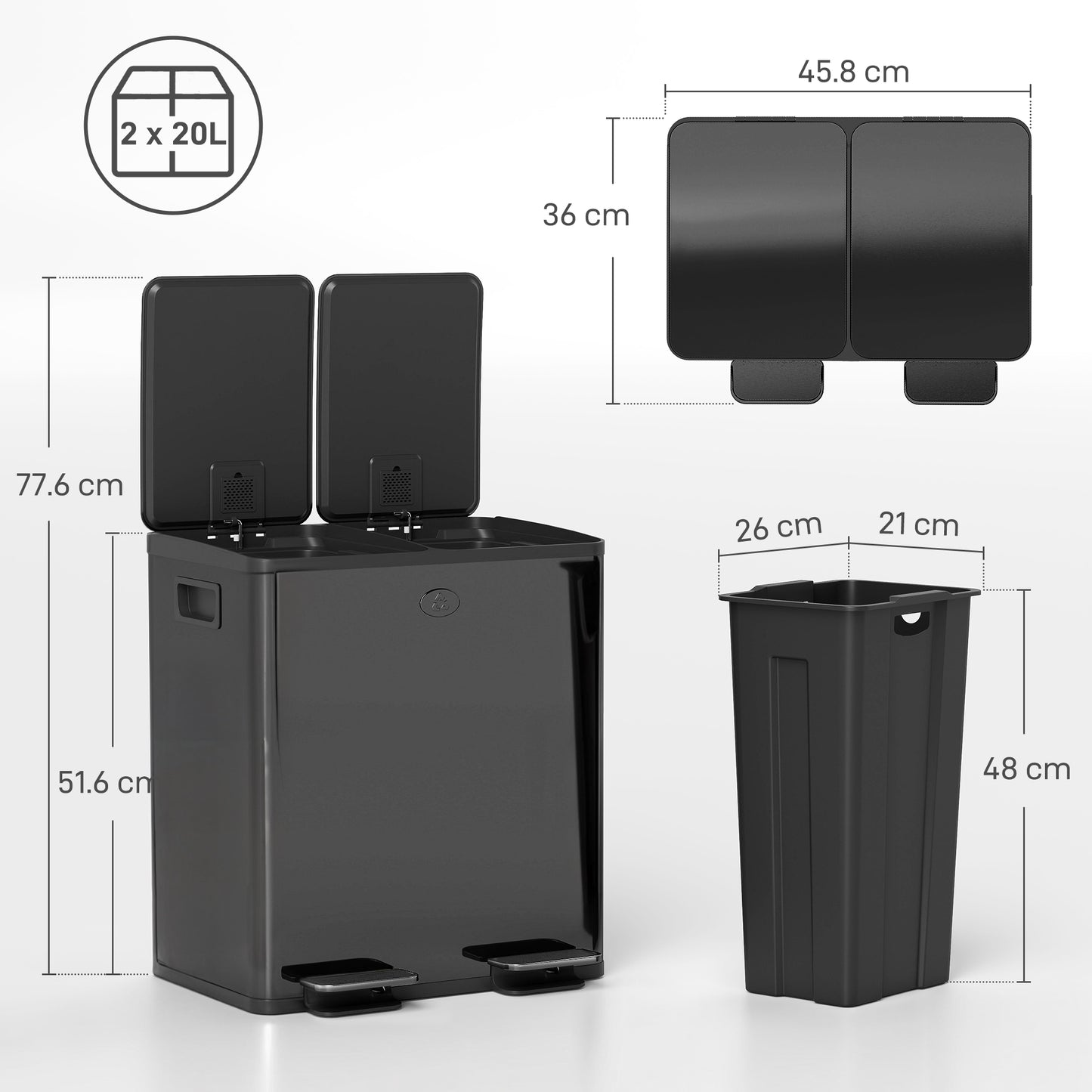 2 x 20L Dual Kitchen Bin Pedal Bin for Recycling and Waste, Black