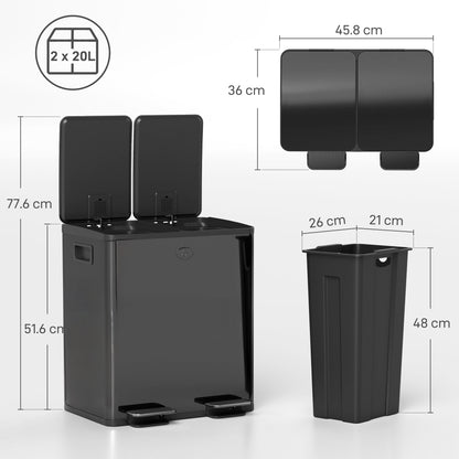 2 x 20L Dual Kitchen Bin Pedal Bin for Recycling and Waste, Black