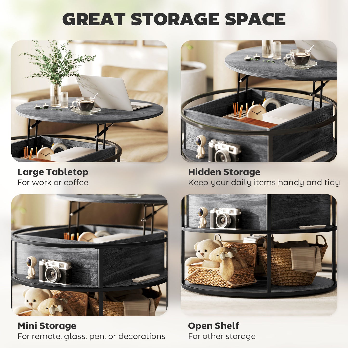 Lift Top Coffee Table, Round Coffee Table with Hidden Storage, Grey