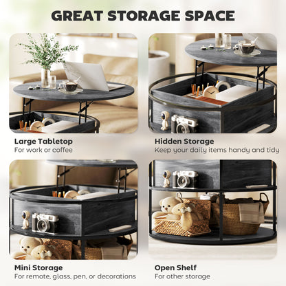 Lift Top Coffee Table, Round Coffee Table with Hidden Storage, Grey