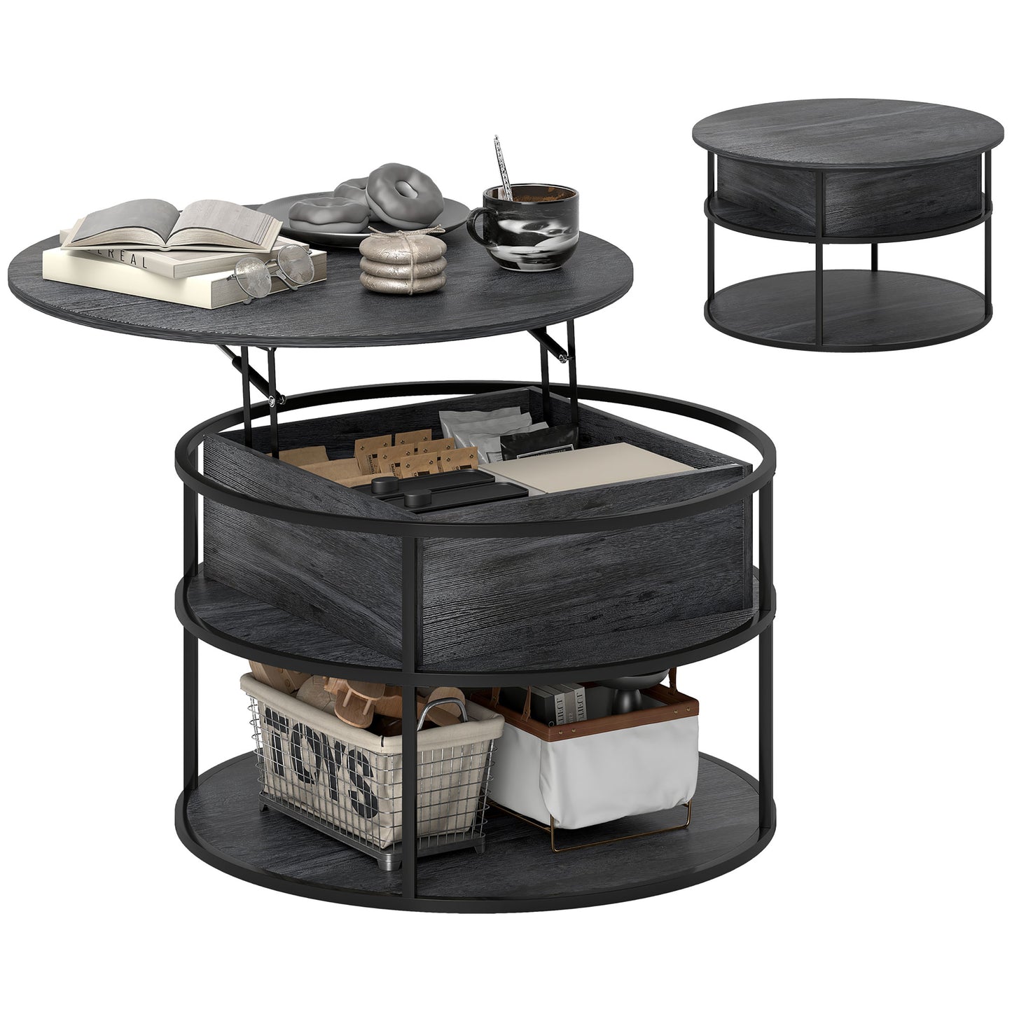 Lift Top Coffee Table, Round Coffee Table with Hidden Storage, Grey
