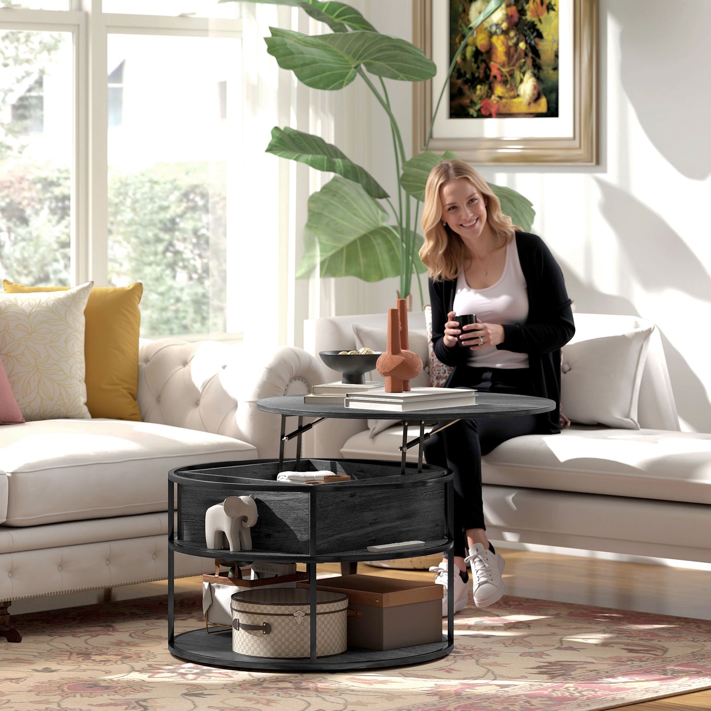 Lift Top Coffee Table, Round Coffee Table with Hidden Storage, Grey