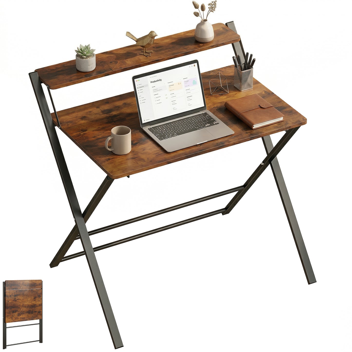 Folding Desk with 2-Tier Shelf for Home Office, Rustic Brown
