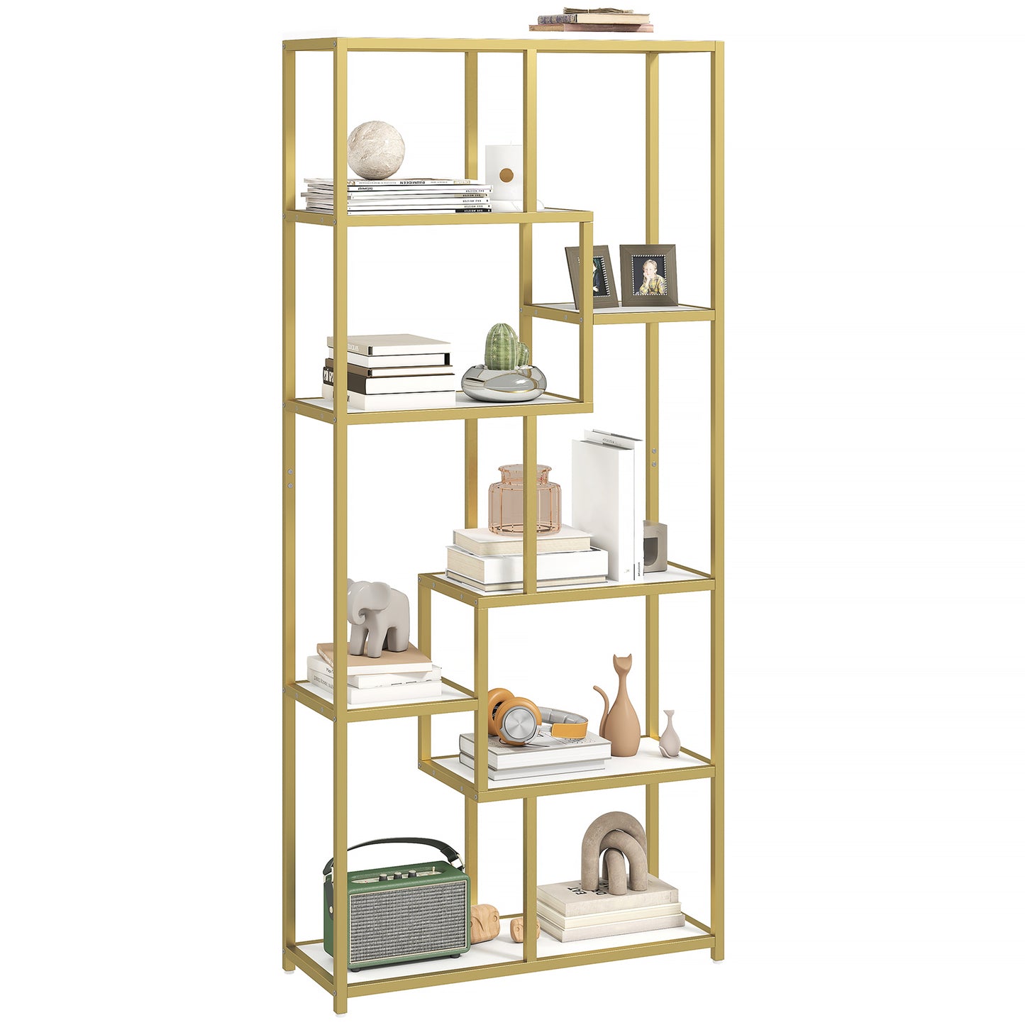 Modern Bookcase 7-Tier Bookshelf Shelving Unit White Gold Tone
