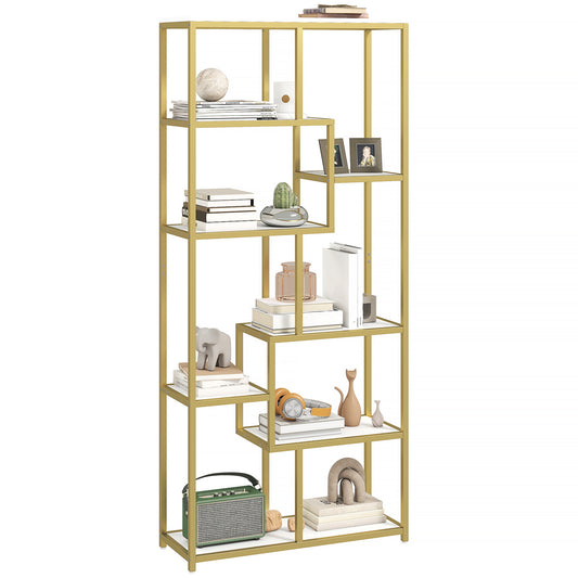 Modern Bookcase 7-Tier Bookshelf Shelving Unit White Gold Tone
