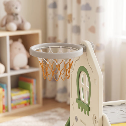 Foldable 5 in 1 Kids Slide with Climber and Basketball Hoop, Cream