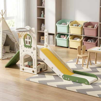 Foldable 5 in 1 Kids Slide with Climber and Basketball Hoop, Cream