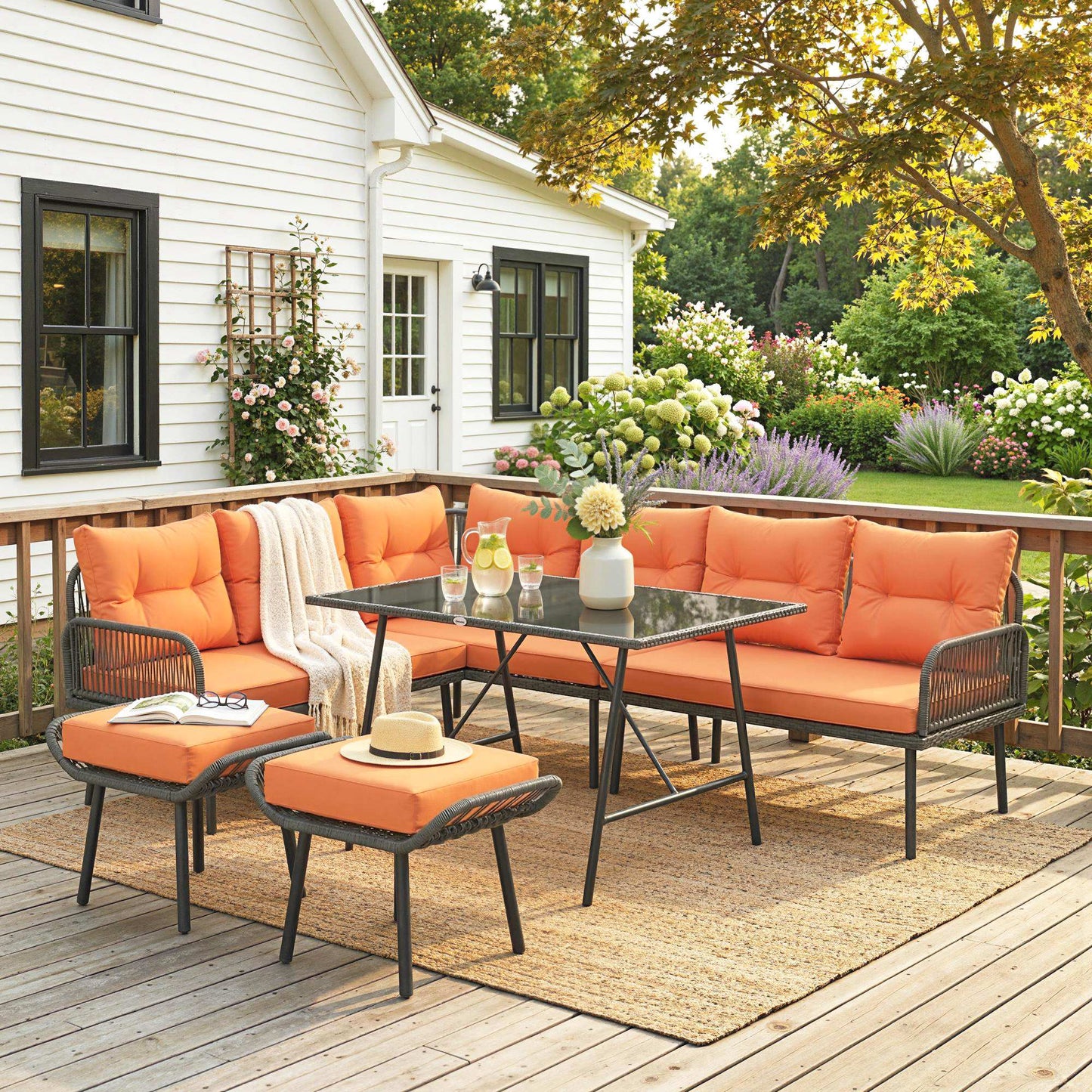 Sectional Outdoor Furniture with Glass Top Table, Orange
