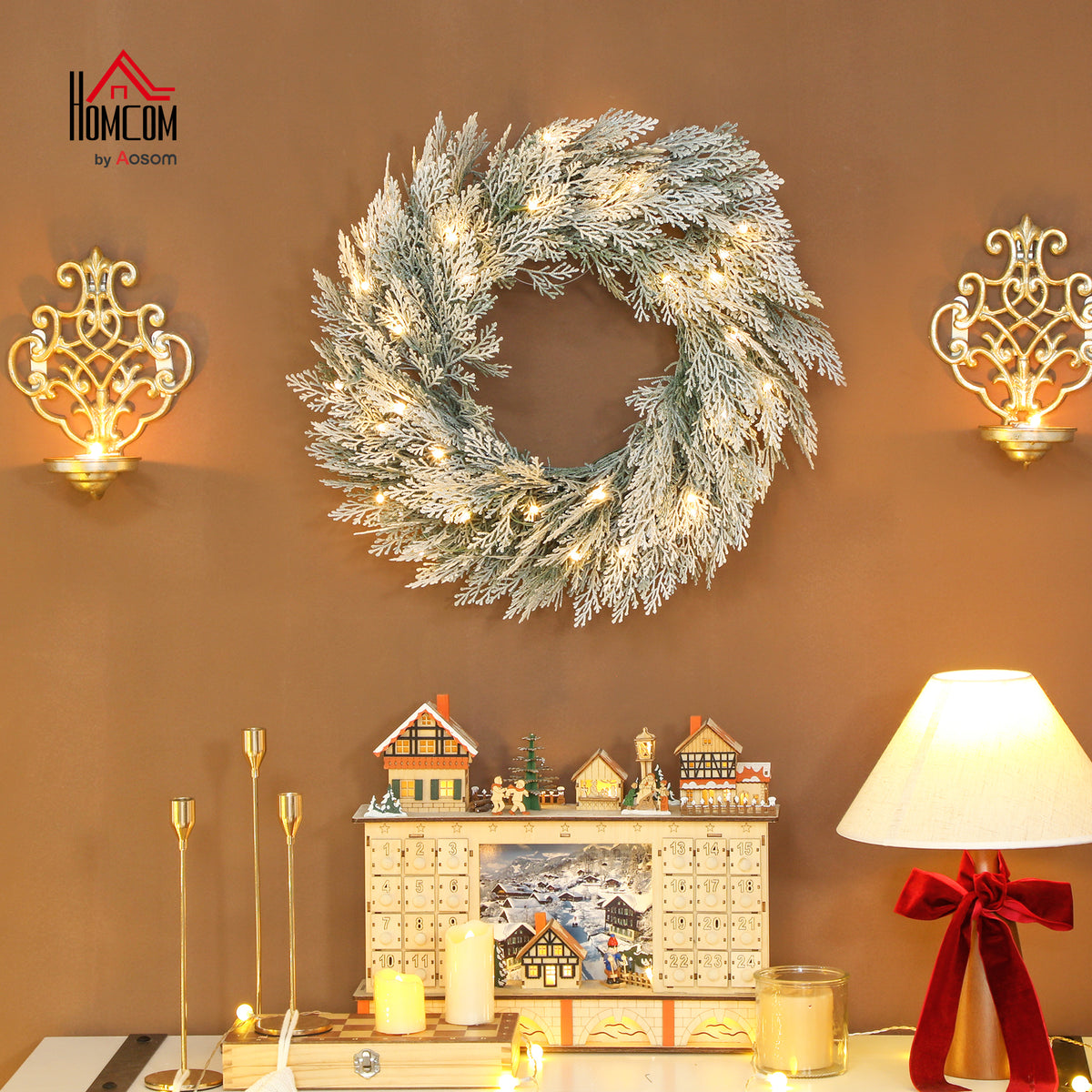 60 cm Prelit Christmas Wreath, Flocked Front Door Wreath with Timer