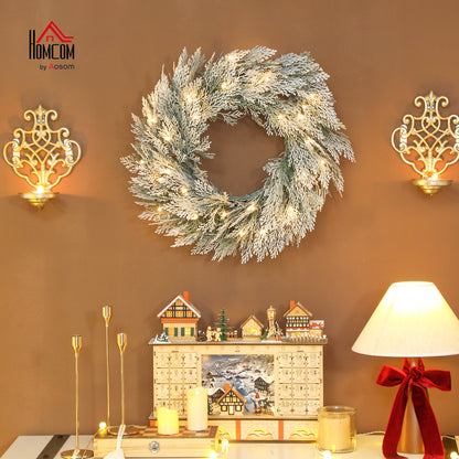 60 cm Prelit Christmas Wreath, Flocked Front Door Wreath with Timer