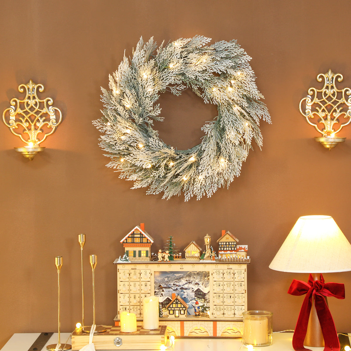 60 cm Prelit Christmas Wreath, Flocked Front Door Wreath with Timer