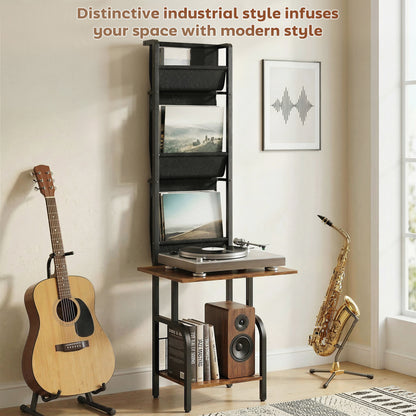 Vinyl Record Player Stand with Oxford Pockets Rustic Brown and Black