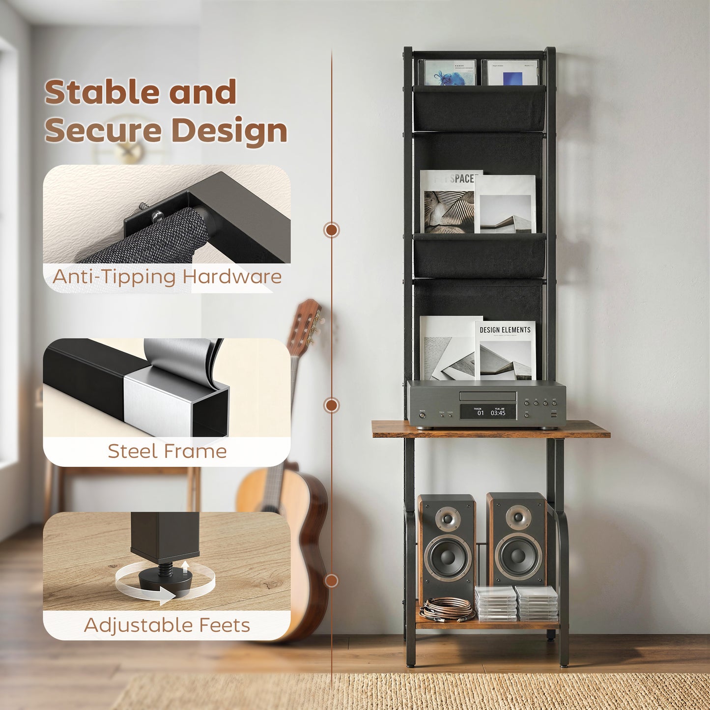 Vinyl Record Player Stand with Oxford Pockets Rustic Brown and Black