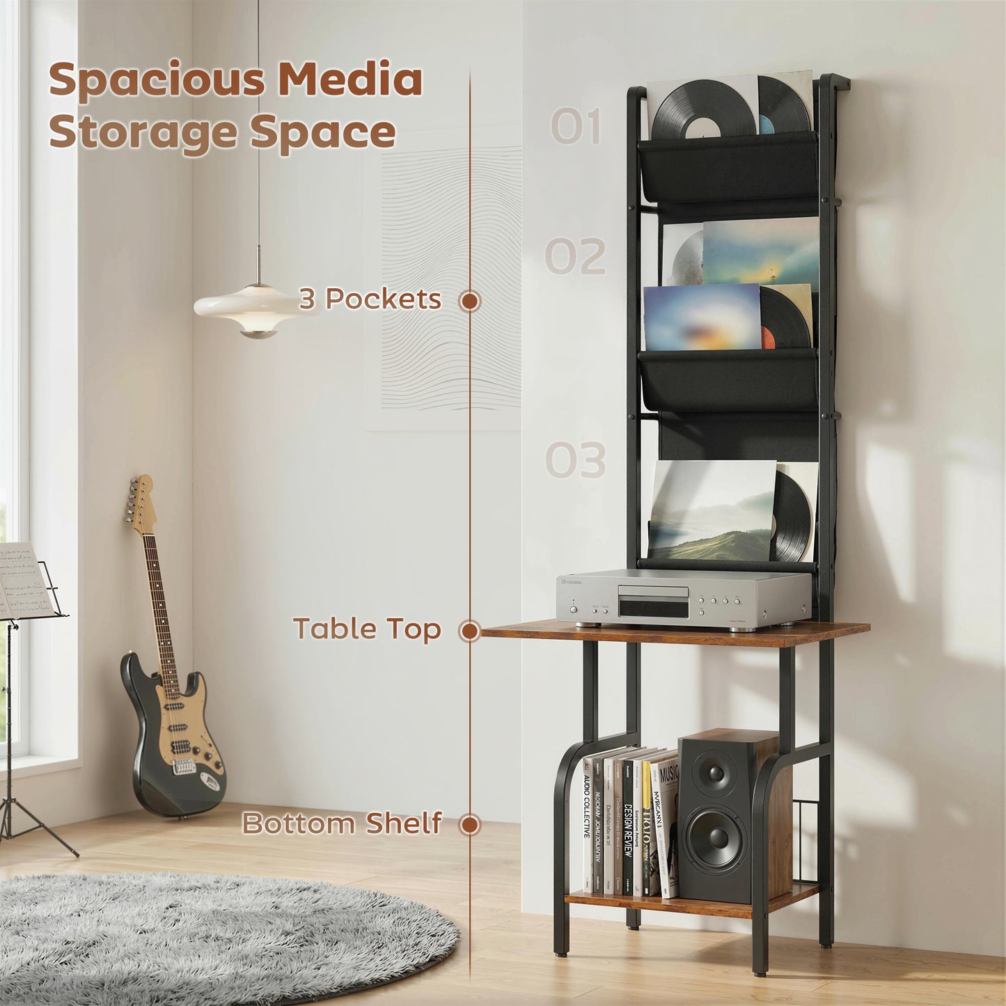 Vinyl Record Player Stand with Oxford Pockets Rustic Brown and Black