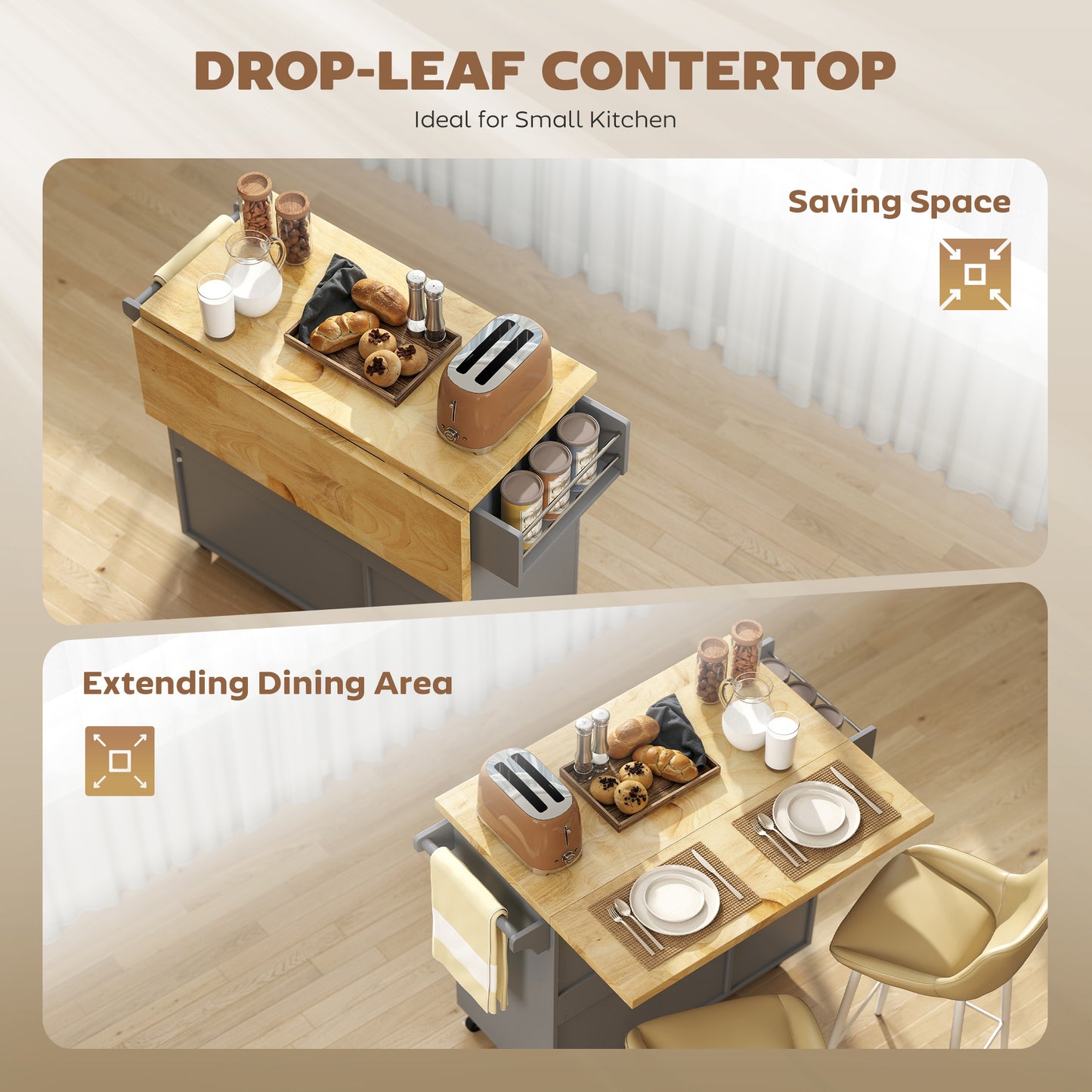 Rolling Kitchen Island, Kitchen Storage Trolley w/ Drop Leaf, Drawers