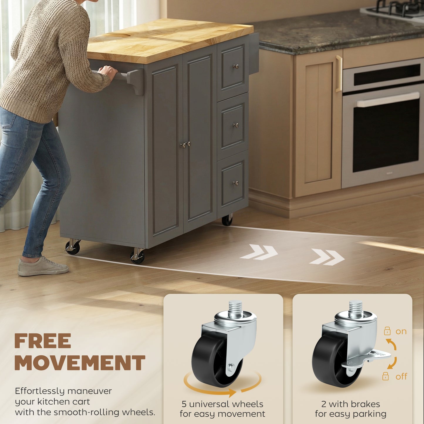 Rolling Kitchen Island, Kitchen Storage Trolley w/ Drop Leaf, Drawers