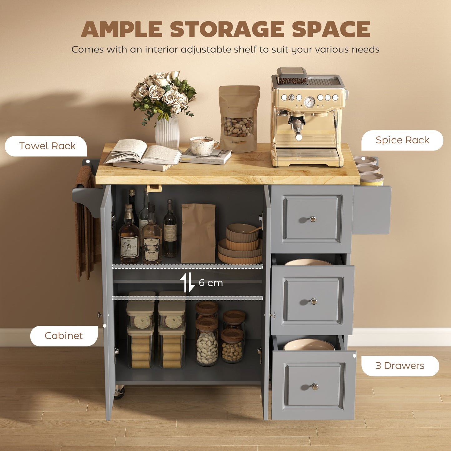 Rolling Kitchen Island, Kitchen Storage Trolley w/ Drop Leaf, Drawers