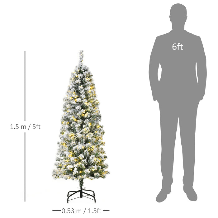 5 Feet Pre Lit Christmas Tree Artificial Snow Flocked Christmas Tree with Warm White LED Light, Holiday Home Xmas Decoration, Green White