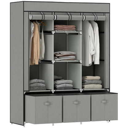 Portable Wardrobe w/ 5 Shelves 3 Fabric Drawers and 2 Hanging Rails Grey
