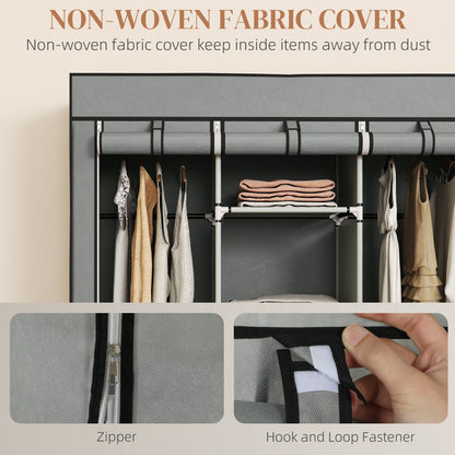 Portable Wardrobe w/ 5 Shelves 3 Fabric Drawers and 2 Hanging Rails Grey