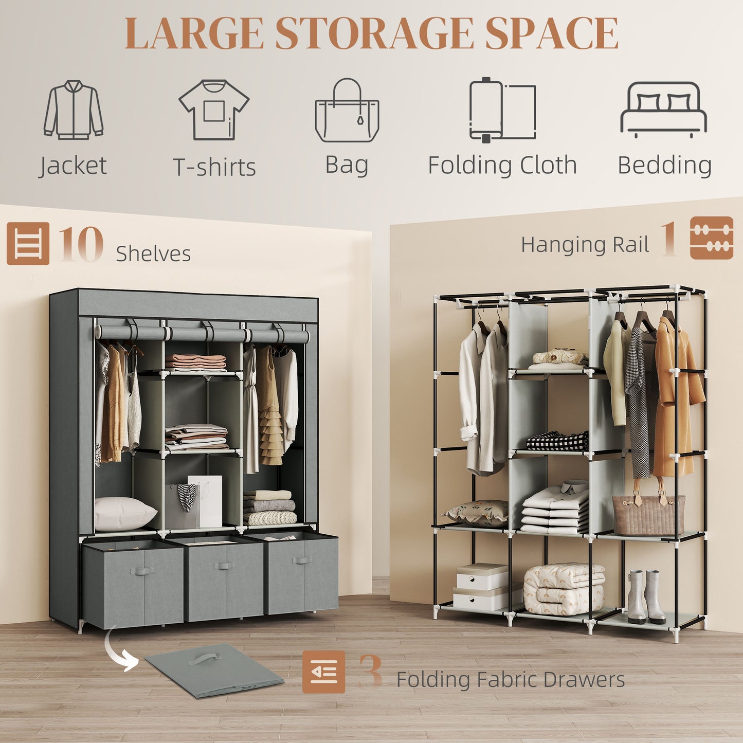Portable Wardrobe w/ 5 Shelves 3 Fabric Drawers and 2 Hanging Rails Grey