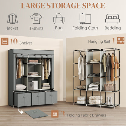 Portable Wardrobe w/ 5 Shelves 3 Fabric Drawers and 2 Hanging Rails Grey