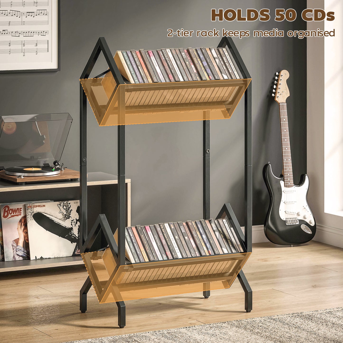 50 CD Storage Rack, 2-Tier Metal Display Rack for CDs, DVDs, Black