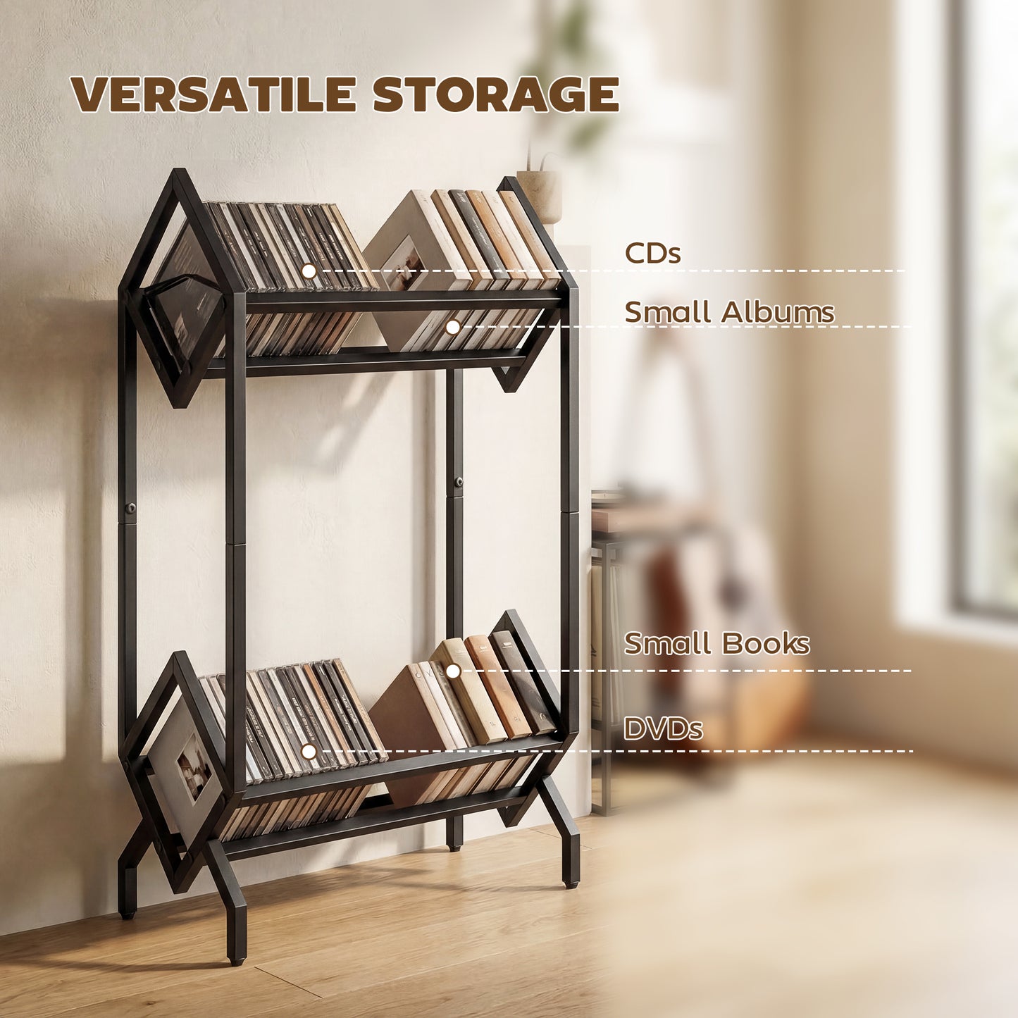 50 CD Storage Rack, 2-Tier Metal Display Rack for CDs, DVDs, Black