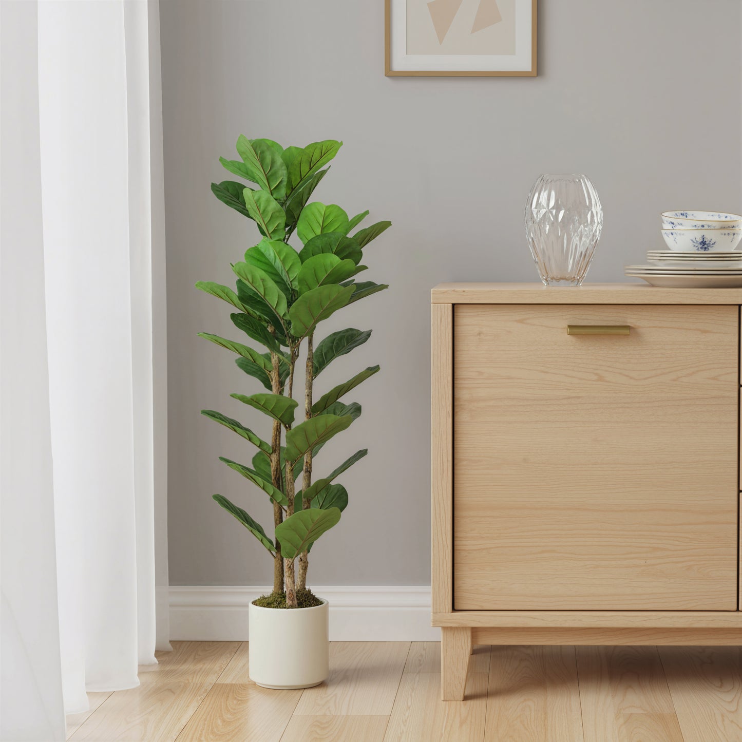 120cm Artificial Fiddle Leaf Fig Tree with Solid Wood Trunks, Decorative Artificial Plant with 71 Leaves in Pot for Indoor Living Room Office Home Decor, Green