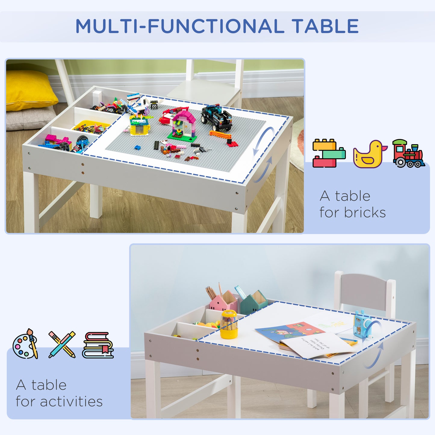 kids Table and Chair Set 2 in 1 Activity Play Table for Bricks w/Storage