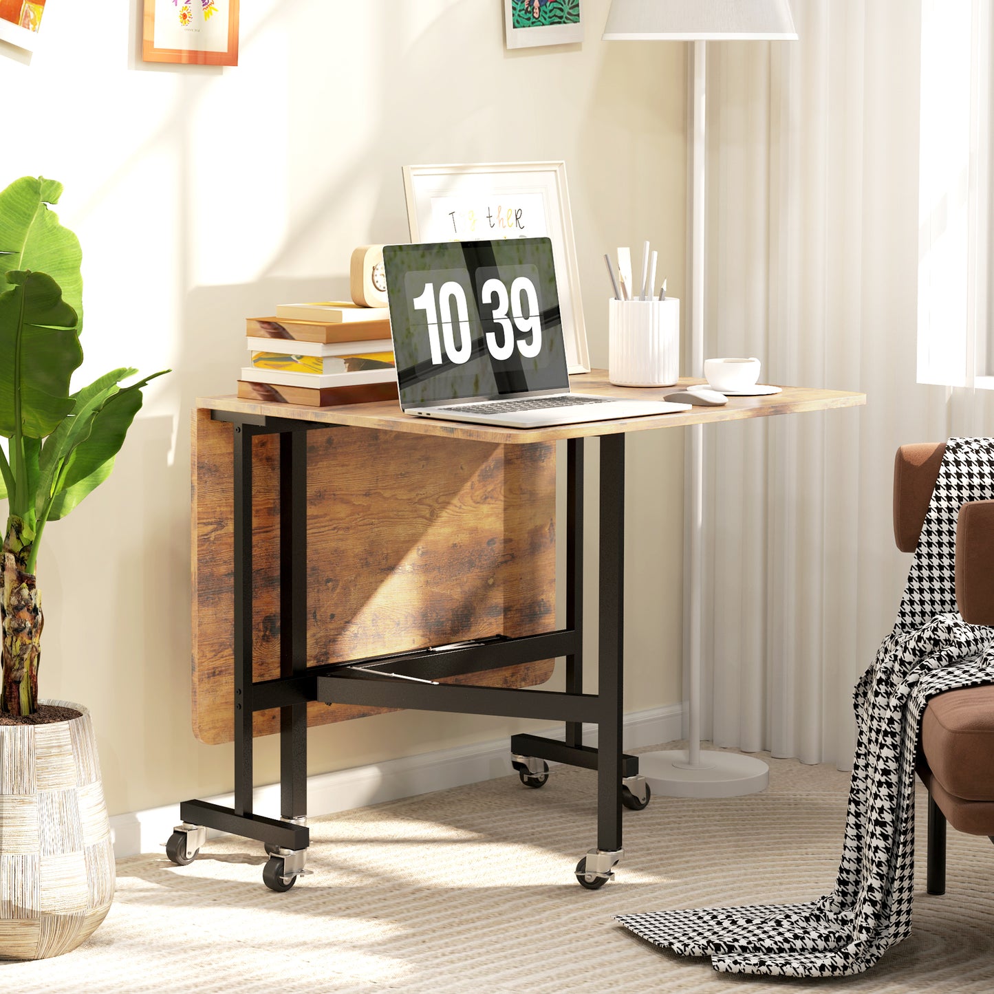 Mobile Drop Leaf Table, Folding Kitchen Table with 6 Wheels, Brown