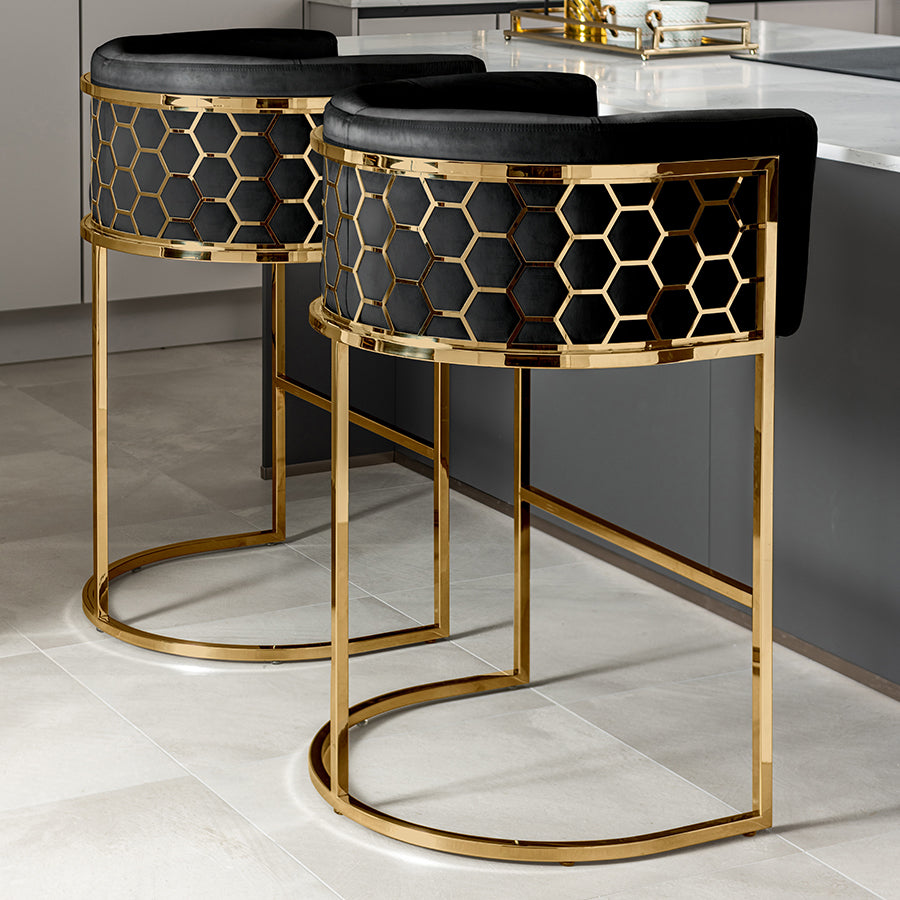 Alveare Counter Stool Brass – Black Faux Leather