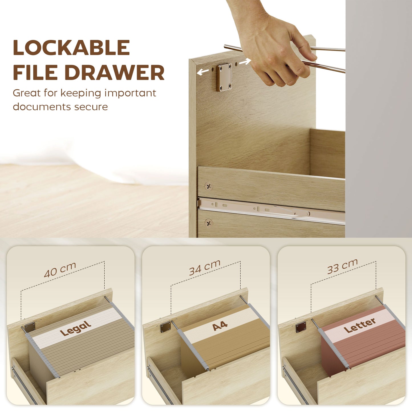 Computer Desk with Lockable File Drawers, Oak Wood Effect