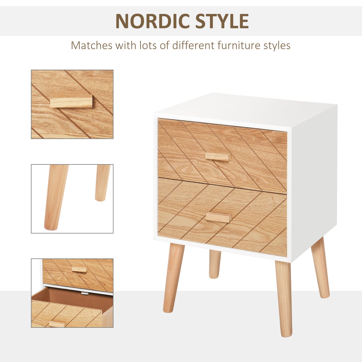 HOMCOM 2 Drawers Bedside Table with Pine Legs, Bedroom Wooden Storage Cabinet, Natural